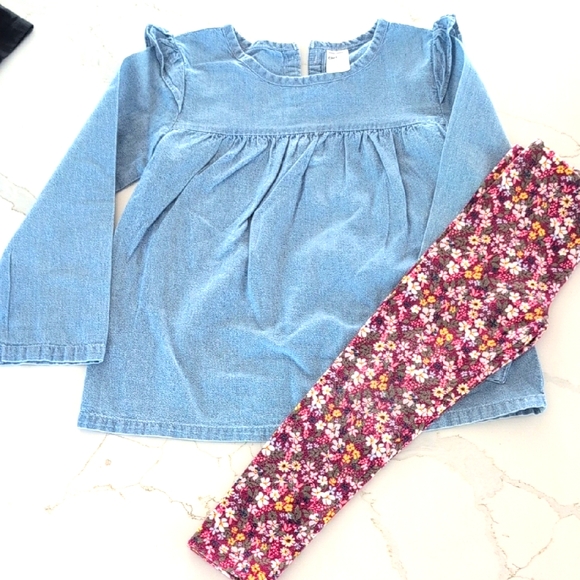 Blue Denim Top and Floral Leggings Set 4T - Picture 1 of 5